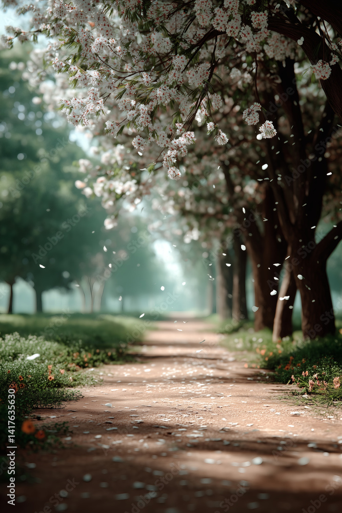 Fototapeta premium Blossom Path: A scenic dirt path lined with flowering trees, petals falling like snow in a serene setting.