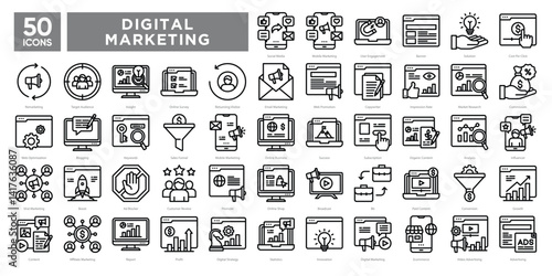 Digital marketing icons collection set, covering SEO, social media, email, analytics, content strategy, and online advertising. Ideal for campaigns, presentations, and marketing materials.