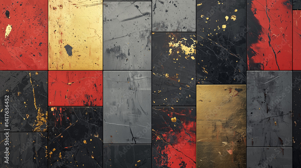 Fototapeta premium Abstract geometric wall pattern with textured tiles in black, red, gray, and gold paint splatters and brush strokes.