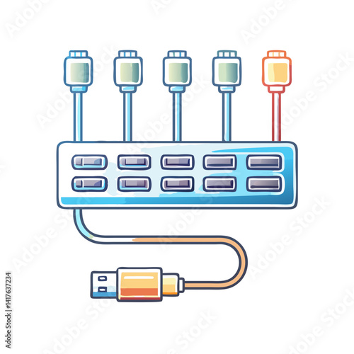 Hand drawn USB hub with multiple ports connected with colorful wires