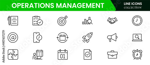 Operations management icon set. Containing production, logistics, supply chain, manufacturing, planning, inventory management, strategy, customer satisfaction, and cost icons