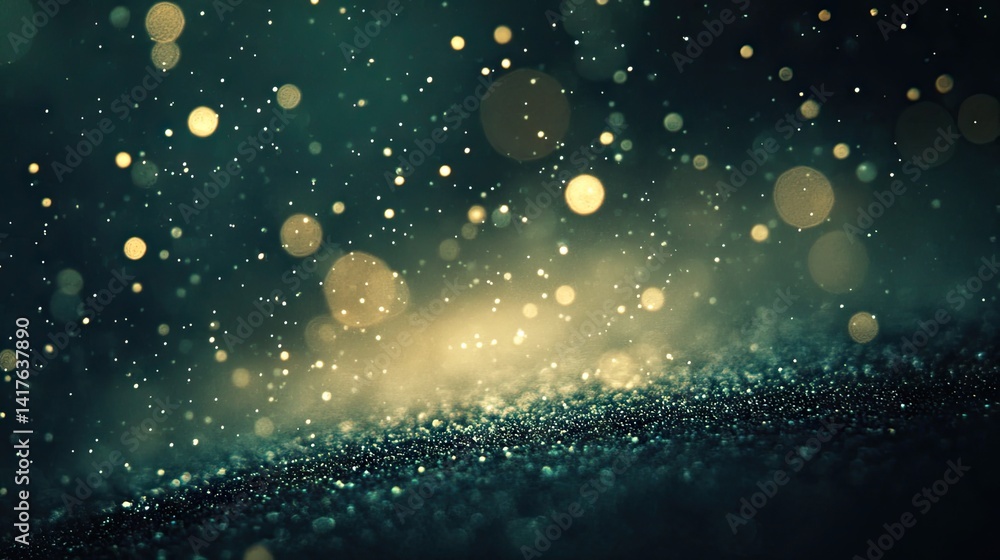 Obraz premium A dark teal background with glittering golden lights and bokeh.