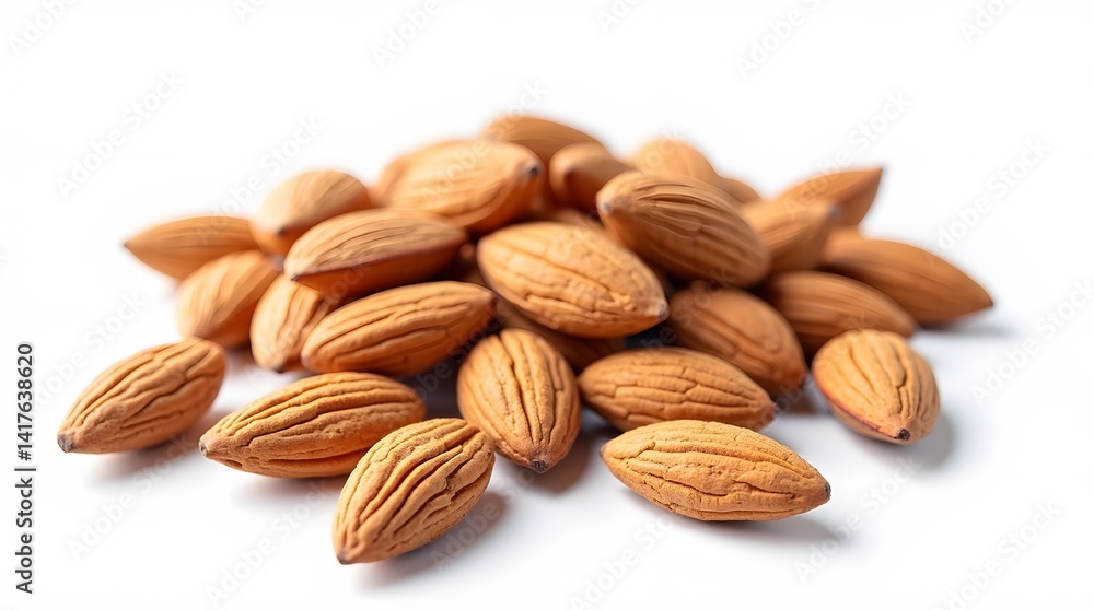 Almonds pile on white. Healthy snack, nut nutrition. Food ingredient, natural source of protein. Use for recipe, diet, organic product ads. Almonds pile on white. Healthy snack, nut nutrition. Food ingredient, natural source of protein. Use for recipe, diet, organic product ads.