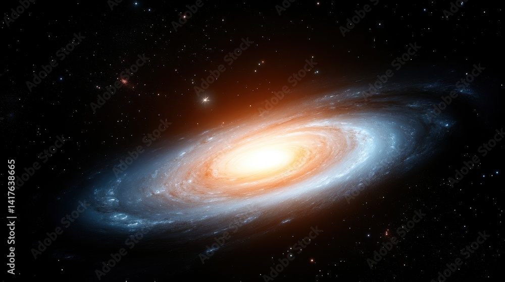 Fototapeta premium A stunning view of a swirling galaxy illuminated by a bright core, surrounded by stars in the vastness of space, showcasing the beauty of the universe.