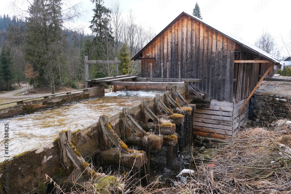Old wooden sawmill with running water in the village of Jurgow, Lesser Poland, Spisz, Poland