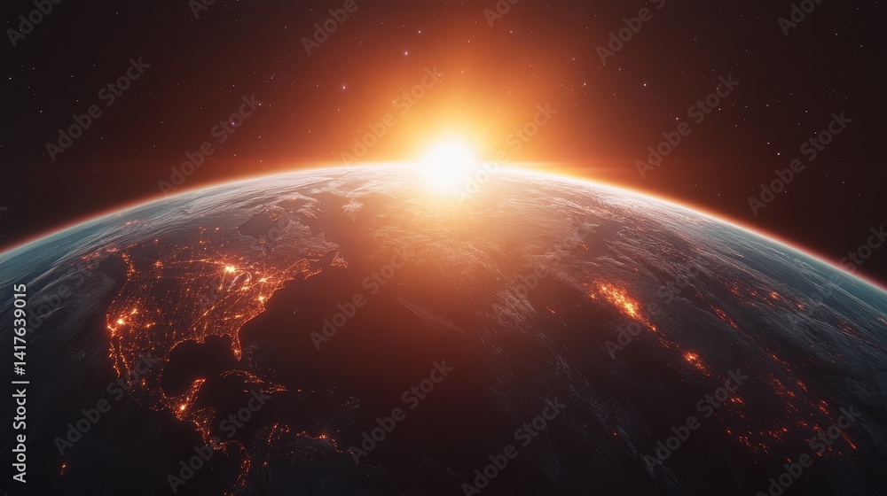 Obraz premium A breathtaking view of Earth from space, showcasing a sunrise over the horizon with visible landmasses and glowing city lights.