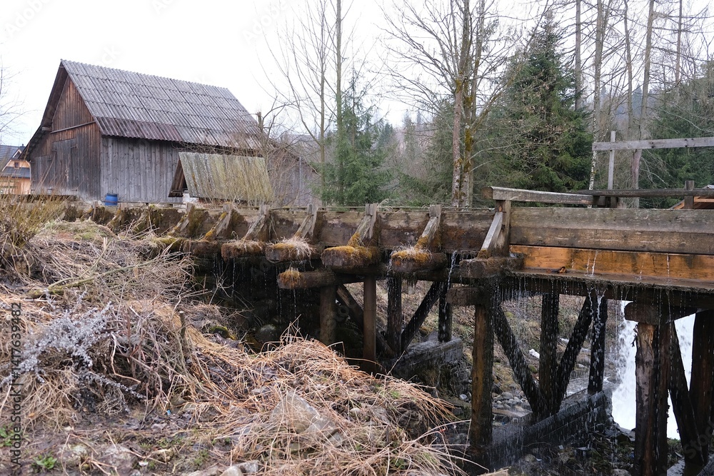 Old wooden sawmill with running water in the village of Jurgow, Lesser Poland, Spisz, Poland
