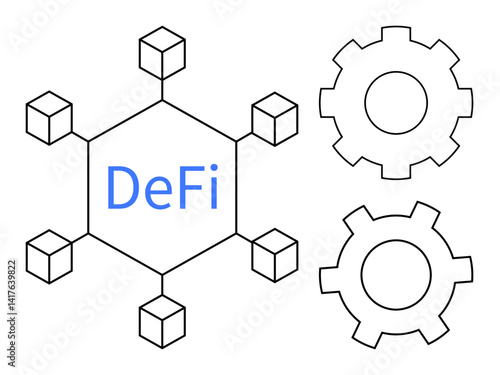 Network hexagon labeled DeFi surrounded by cubes and two large gears, symbolizing blockchain, innovation, and systems. Ideal for cryptocurrency, fintech, tech solutions, connections, data flow