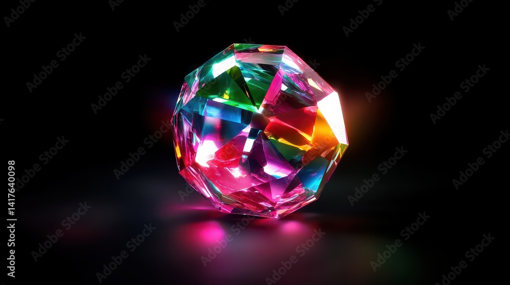 A vibrant, faceted crystal sphere reflects colorful light against a dark background, showcasing its intricate design and sparkling brilliance. A vibrant, faceted crystal sphere reflects colorful light against a dark background, showcasing its intricate design and sparkling brilliance.