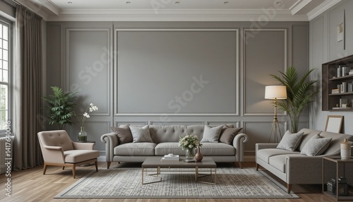 Classic living room: Neutral tones, upholstered furniture, framed panels, natural light, hardwood floors, area rug, and plants.