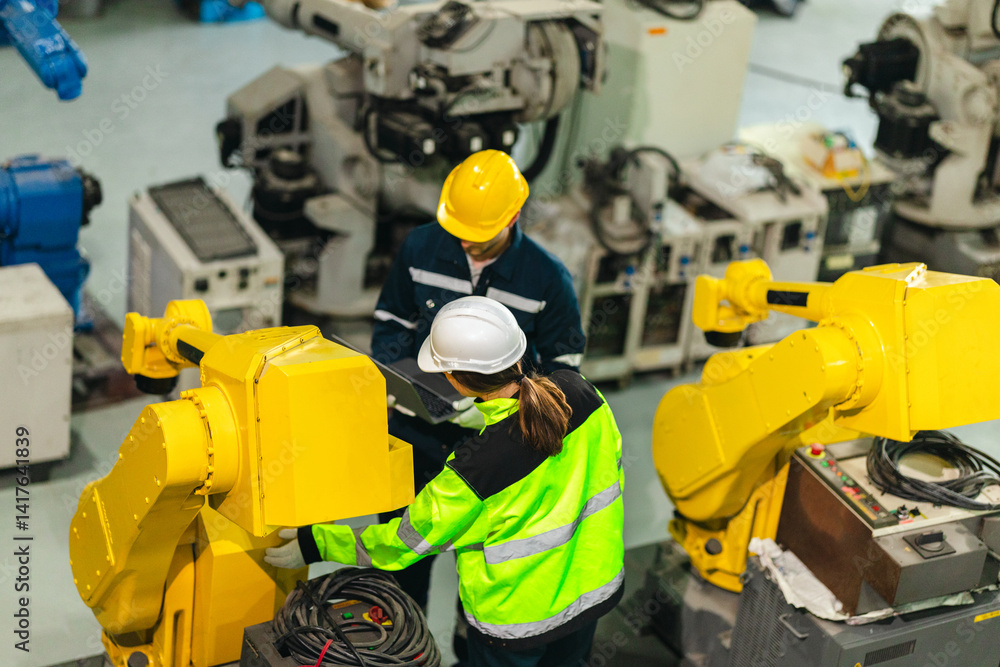Industrial Engineer and Technician Inspecting Robotic Arm Machinery. Industrial Engineer and Technician Inspecting Robotic Arm Machinery.