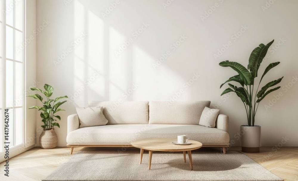 Sunny living room interior with beige sofa and plants Sunny living room interior with beige sofa and plants