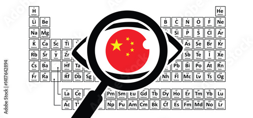 China, 17 Rare earth element, REE or rare earth metals, ETF or rare earths. Periodic Table. Neodymium on periodic table of the elements. Atomic symbol or icon. The chemical element. Atomic number.