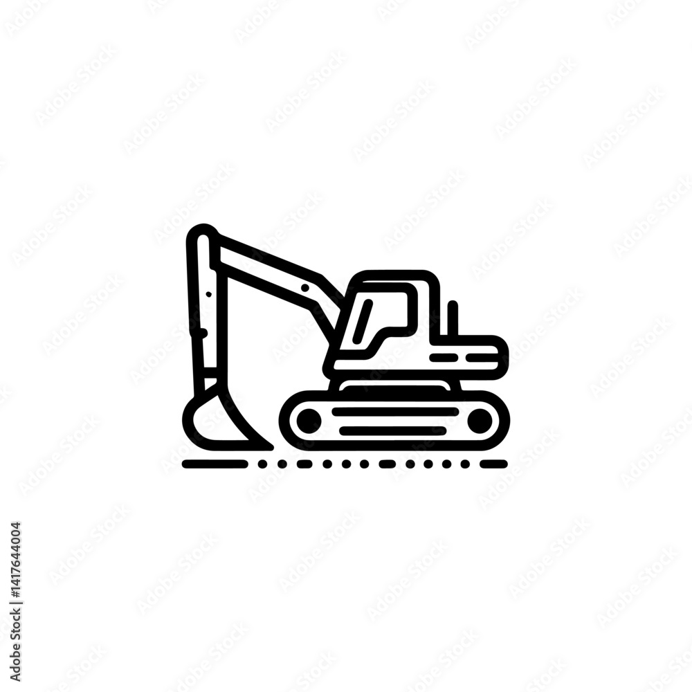 Simple line art illustration of an excavator with tracks and digging arm on white background. Industrial concept Simple line art illustration of an excavator with tracks and digging arm on white background. Industrial concept