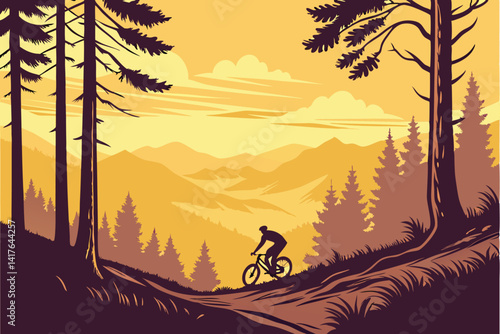 56 Scenic mountain biking, sunset landscape, forest trail, silhouette cyclist, pine trees, golden sky, distant mountains, serene wilderness, digital illustration, vibrant colors, atmospheric lighting,
