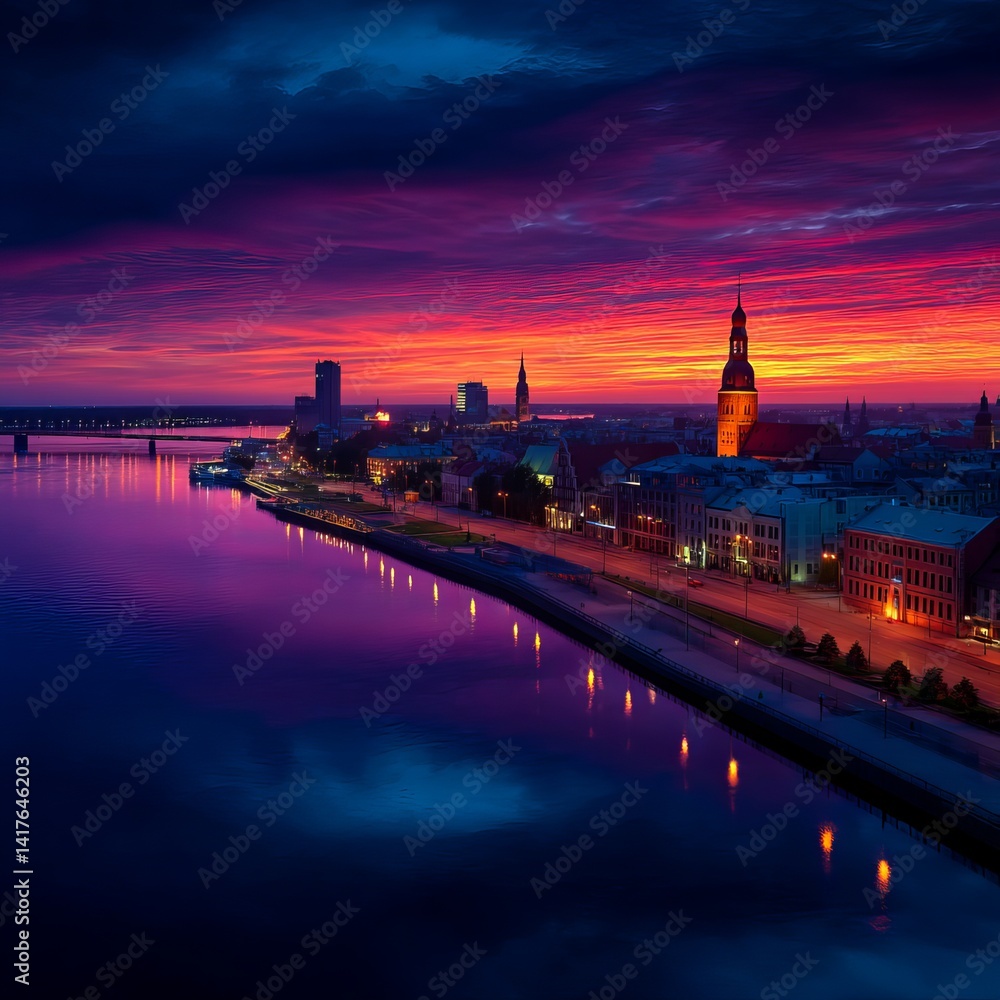 Naklejka premium RIga rooftop view panorama at sunset with urban architectures and Daugava River. View of the old town