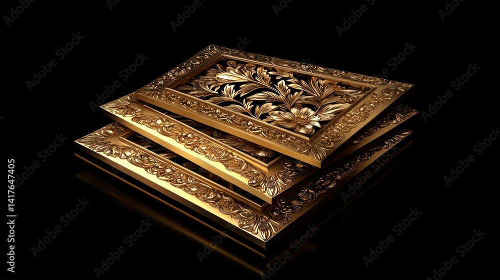Fototapeta premium Gold ornate picture frames stacked on black background