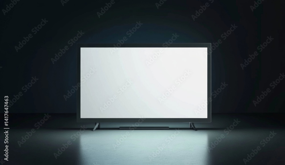 Illuminated TV in dark room, showcasing blank screen Illuminated TV in dark room, showcasing blank screen