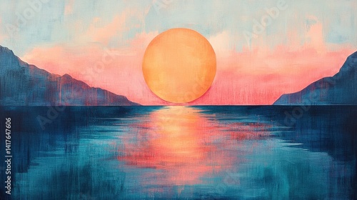 Vibrant Sunset Over Tranquil Water with Soft Hues and Silhouetted Mountains in Serene Landscape View