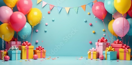 Cheerful birthday party decorations with colorful balloons and gifts, birthday, presents