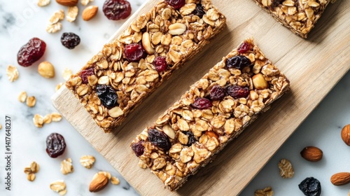 Several granola bars with oats and dried cranberries on a wooden board, creating a healthy and convenient snack.