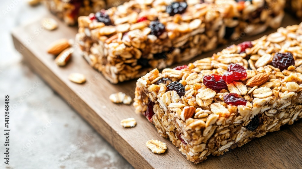 Several granola bars with oats and dried cranberries on a wooden board, creating a healthy and convenient snack. Several granola bars with oats and dried cranberries on a wooden board, creating a healthy and convenient snack.