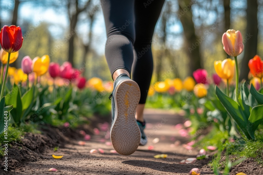 Female jogger on a scenic garden path with vibrant tulips blooming in spring sunshine