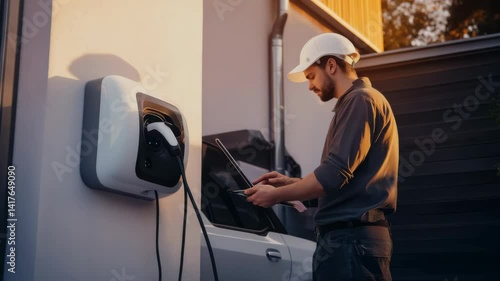 Installation of an electric vehicle charger at a residential property during sunset