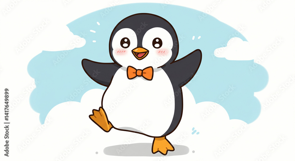 Naklejka premium Cartoon Penguin Walking with Bow Tie in Sky Illustration