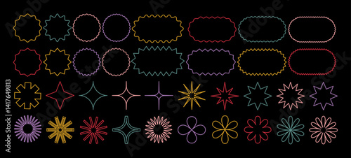 Set of abstract vector geometric shapes. Retro linear shapes in pastel colors. Year 2000 stickers with labels, stars, and floral shapes. Modern icon graphic design element