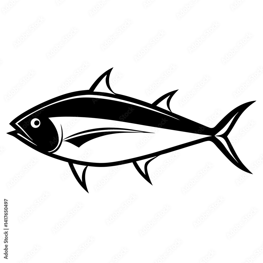 Tuna fish silhouette on a white isolated background. Vector image.
Tuna fish silhouette on a white isolated background. Vector image.