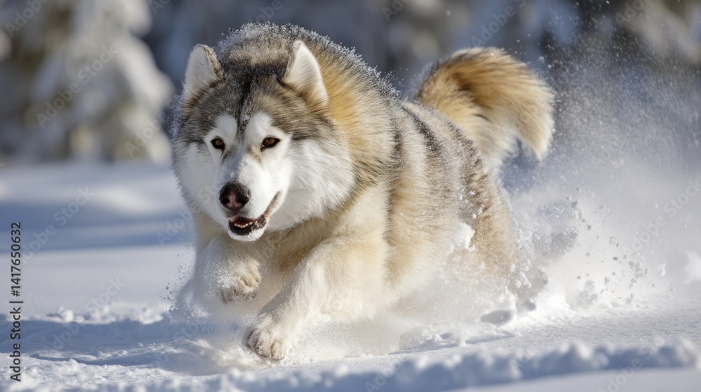 Naklejka premium A powerful Arctic Siberian Husky running through deep snow, breath visible - Power Movement Weather Siberian