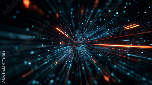 Dynamic abstract digital explosion of glowing blue and orange light particles radiating from a central point, symbolizing data transmission, speed, and futuristic technology.