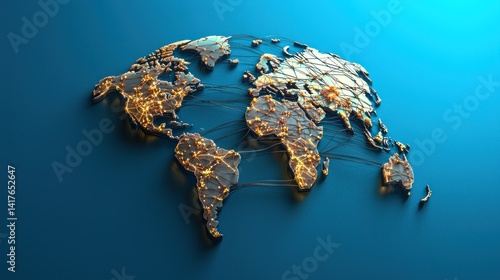 Fototapeta Naklejka Na Ścianę i Meble -  Global Network Map; World map with illuminated cities and connecting threads;  Modern, abstract background