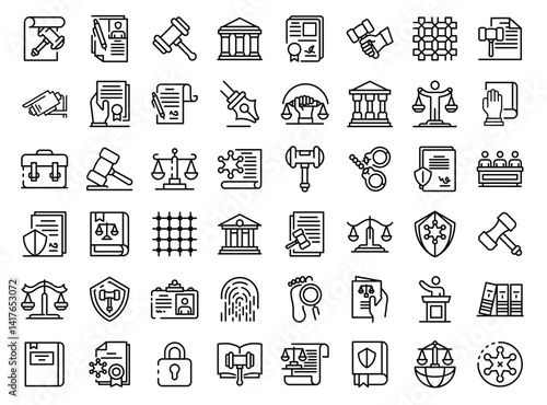 Law icons showcase justice crime and legal processes in symbolic bold lines