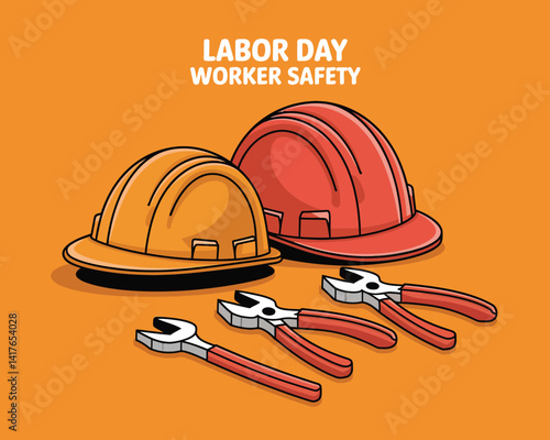 2d vector colorful poster for labor day , work industry equipment , worker , safety .
