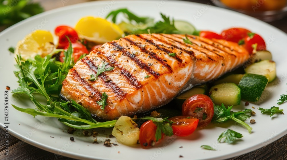 Two grilled salmon steaks with roasted potatoes and herbs on a white plate, creating a healthy and delicious seafood dish. Two grilled salmon steaks with roasted potatoes and herbs on a white plate, creating a healthy and delicious seafood dish.