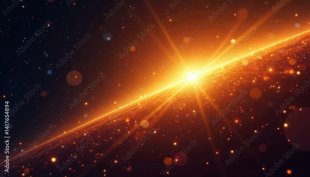 Obraz premium Glowing golden light rays streak across dark space, creating mesmerizing motion trails , stellar trail, celestial motion