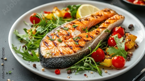 Two grilled salmon steaks with roasted potatoes and herbs on a white plate, creating a healthy and delicious seafood dish.