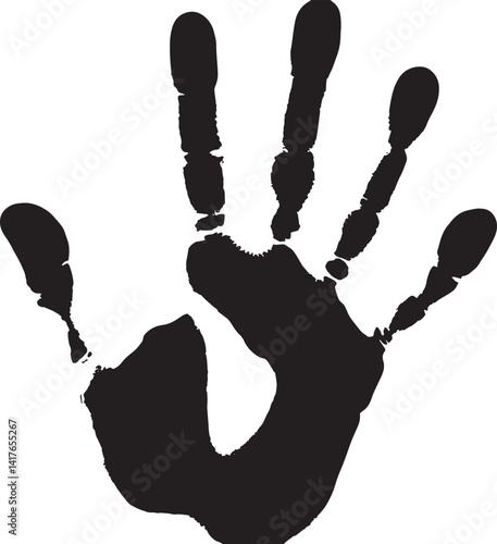 Black handprint silhouette isolated on white background, grunge palm and fingers ink stamp for artistic or forensic design.
