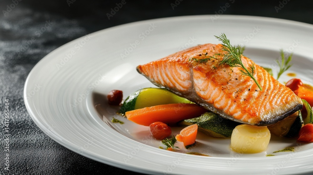 Two grilled salmon steaks with roasted potatoes and herbs on a white plate, creating a healthy and delicious seafood dish. Two grilled salmon steaks with roasted potatoes and herbs on a white plate, creating a healthy and delicious seafood dish.