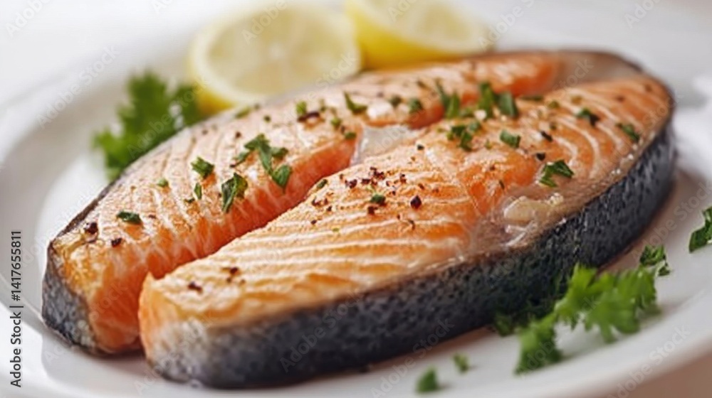 Two grilled salmon steaks with roasted potatoes and herbs on a white plate, creating a healthy and delicious seafood dish. Two grilled salmon steaks with roasted potatoes and herbs on a white plate, creating a healthy and delicious seafood dish.