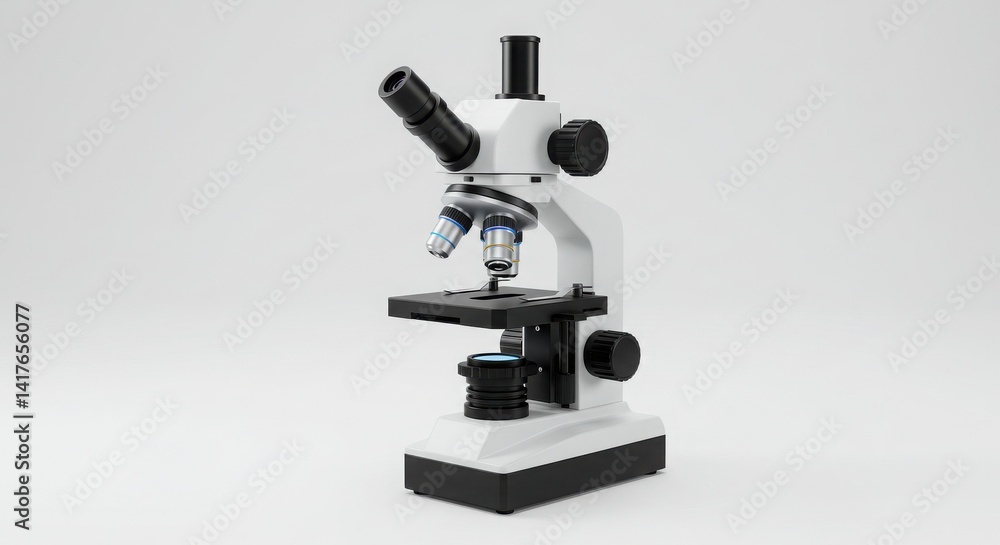 A highly detailed 3d rendering of a sleek compound microscope with white and black design, blue highlights, and advanced engineering, symbolizing precision and innovation in scientific research. A highly detailed 3d rendering of a sleek compound microscope with white and black design, blue highlights, and advanced engineering, symbolizing precision and innovation in scientific research.