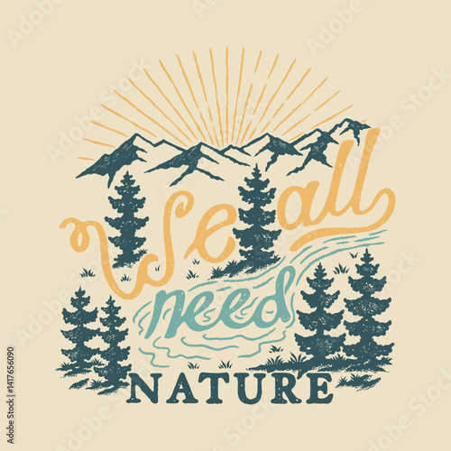 scenery illustration nature graphic typography design forest badge mountains vintage river