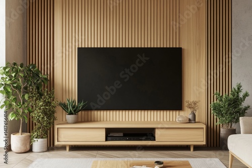 Modern minimalist living room with TV, wooden wall, and plants