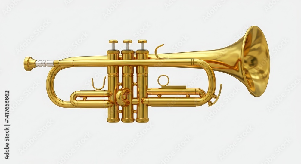 Fototapeta premium A photorealistic 3d rendering of a golden trumpet with a polished brass body and ornate design, highlighted under studio lighting for a showcase of precision craftsmanship and classical elegance.