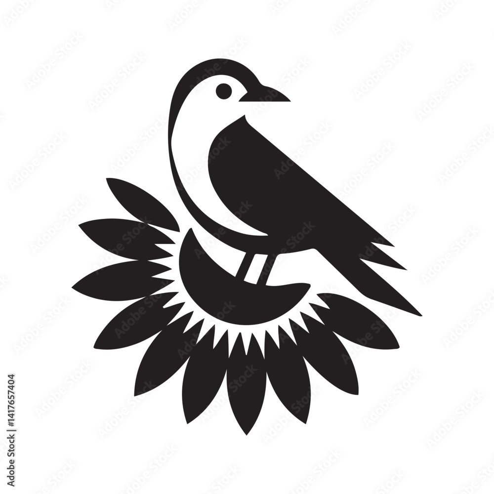 Obraz premium Minimalist Vector Black silhouettes Nature Illustration Bird, Flowers, Sun. with white background