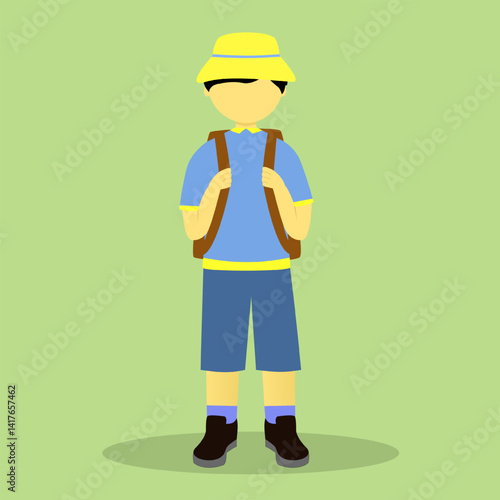 iIllustration in flat style showing a traveler with a backpack. backpacker character design. boy with backpack and wear hat
