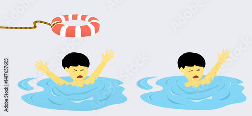 flat illustrations of a boy drowning and asking for help. Man is drowning and waving for help