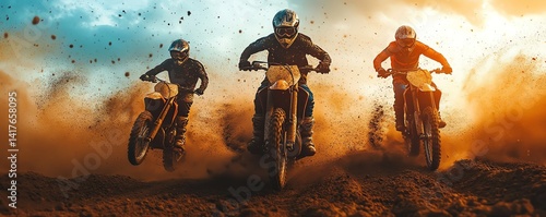 Sunset motocross race with three dirt bike riders, dramatic cloud of dust, glowing sunlight piercing through, cinematic energy, dynamic scene, ultrahigh resolution